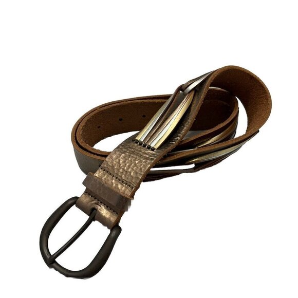 Fossil Leather Belt Metallic Gold Silver Copper Medium Adjustable Cowgirl Boho - Picture 1 of 14